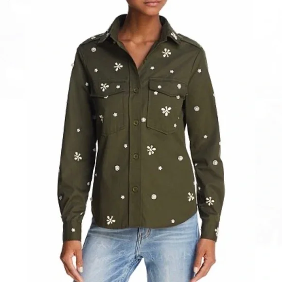 Joie bead embellished military olive green Hayfa shirt button down top XS - Picture 10 of 12